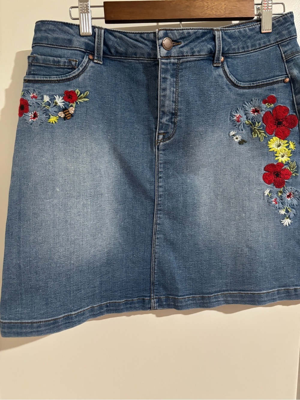 Embroidered Blue Denim Skirt with Floral Accents